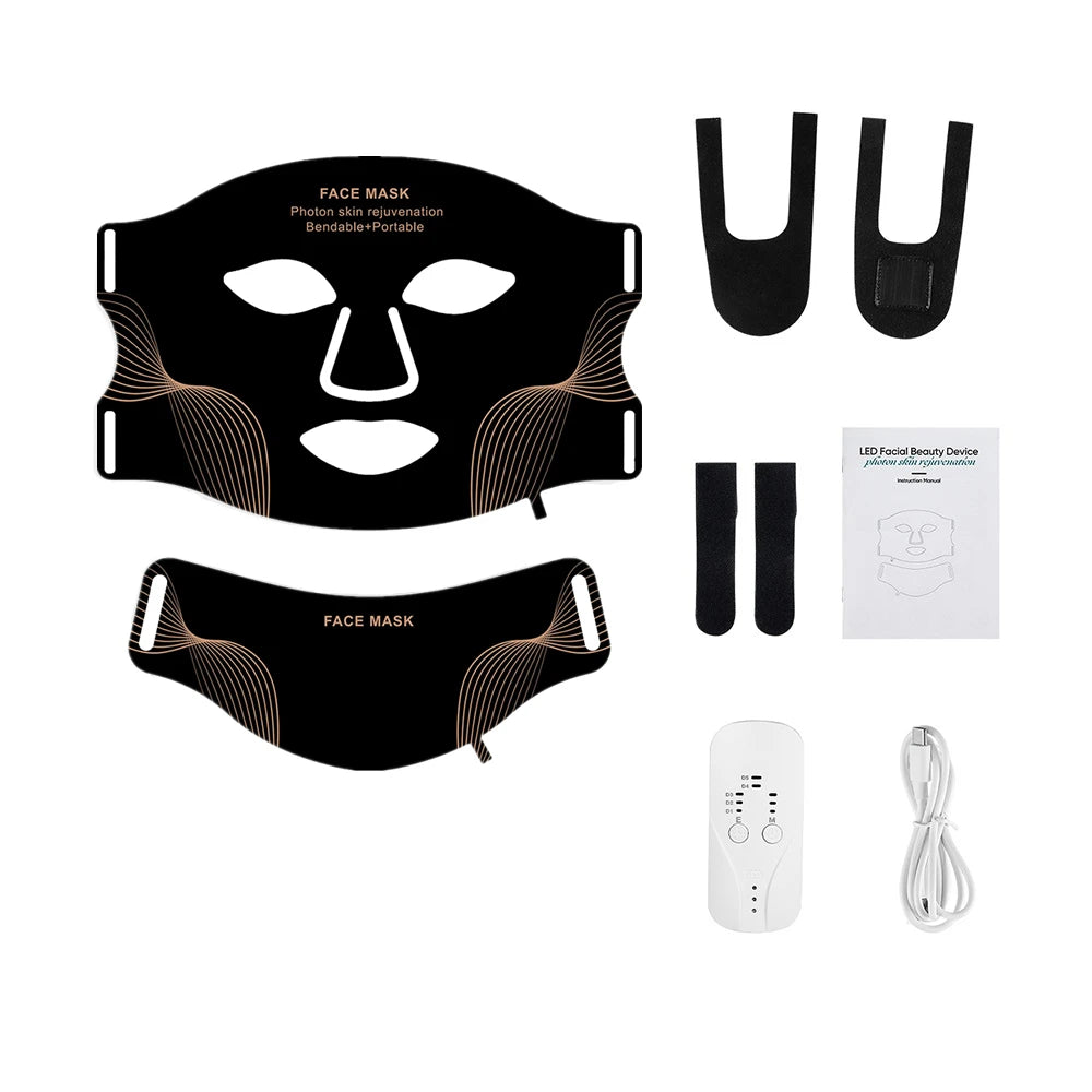 Silicone LED Mask Face With Neck 7 Colors LED Photon Red Light Infrared Therapy Flexible Facial Mask Repair Skin Wireless Use black