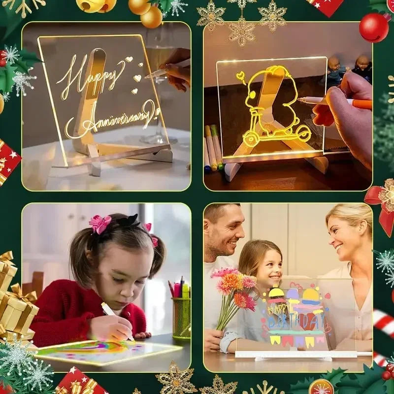 Acrylic Clear Light Up Drawing Board,Glow Erasable Memo LED Magic Board , Kids DIY Toys , with 7 Color Markers Pen and Stand