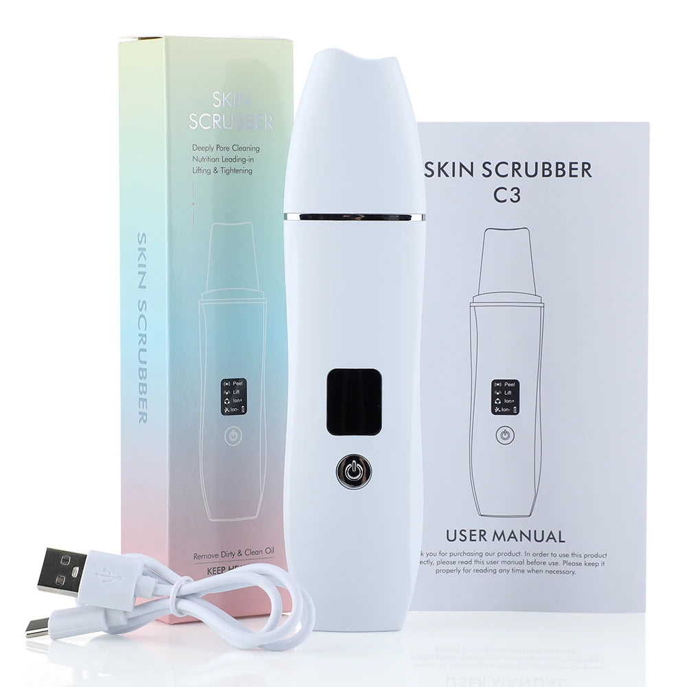 Ultrasonic Skin Scrubber Peeling Blackhead Remover Machine EMS Deep Face Cleaning Ultrasonic Ion Acne Pore Cleaner Facial Shovel WHITE