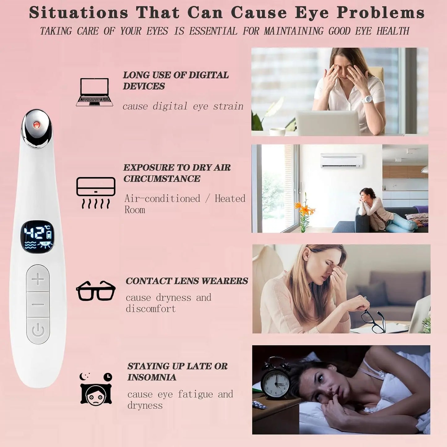 3 in 1 Eye Lift Beauty Device Vibrating Red Light 98°F to 113°F LCD Display Eye Massager Wand for Dry Eye Dark Circle Puffiness