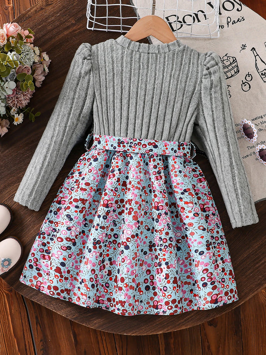 Spring Autumn Girl Casual Casual All-Match Knitted Round Neck Long Sleeve Floral Floral Dress Girls Daily Casual Skirt