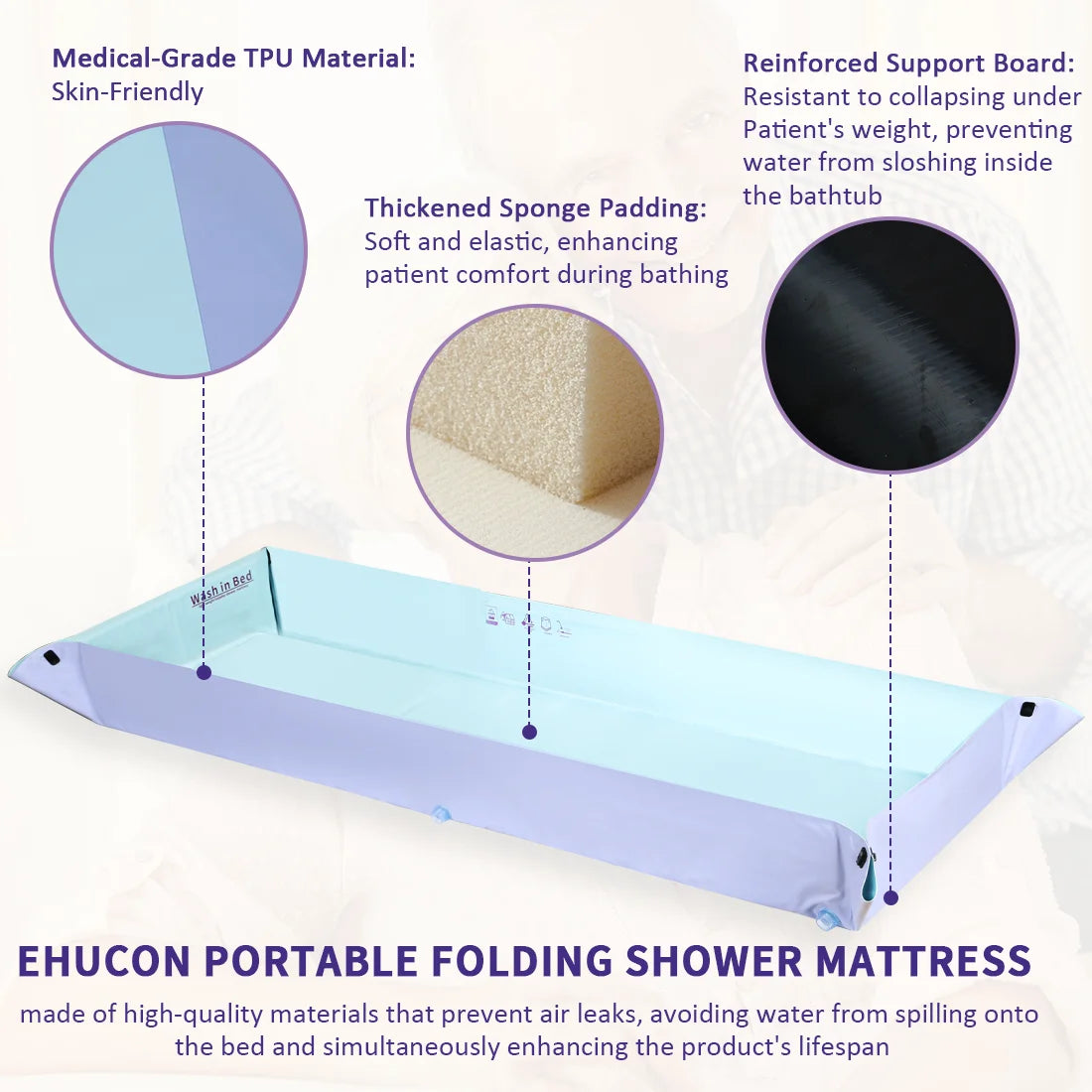 Ehucon Disabled Foldable Bathtub Portable Washing in Bed System Patient Shower Mattress for the Elderly Bedridden People Clean