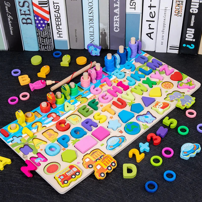 QWZ Kids Montessori Educational Wooden Math Toys Children Busy Board Count Shape Colors Match Fishing Puzzle Learning Toys Gifts 762 7in1