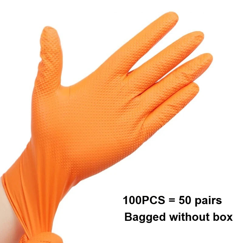 2-100PCS Heavy Duty Disposable Nitrile Gloves 8Mil Extra Thick Mechanic Glove with Textured Grip Antislip Safety Work Gloves Orange 100PCS