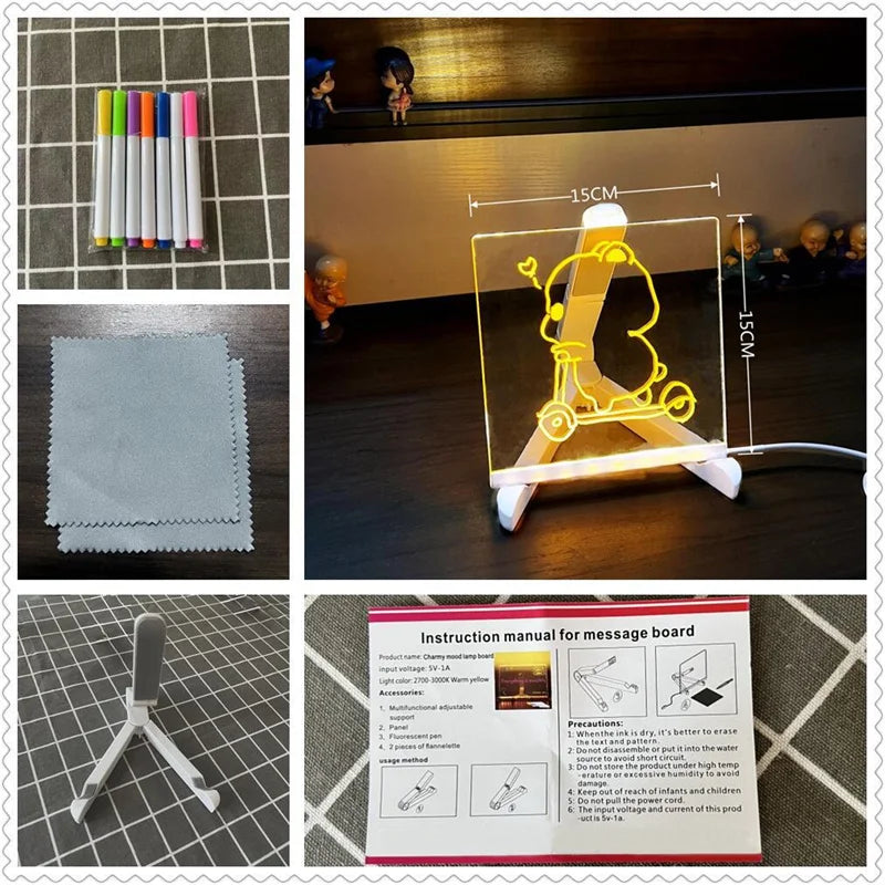 Acrylic Clear Light Up Drawing Board,Glow Erasable Memo LED Magic Board , Kids DIY Toys , with 7 Color Markers Pen and Stand small 15x15