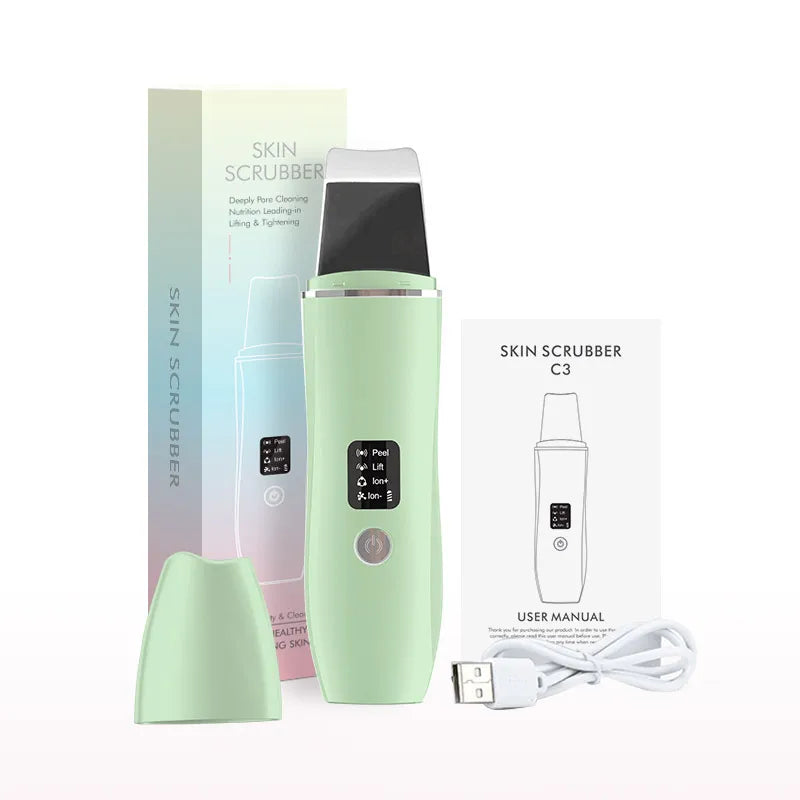 Ultrasonic Skin Scrubber Peeling Blackhead Remover Machine EMS Deep Face Cleaning Ultrasonic Ion Acne Pore Cleaner Facial Shovel green