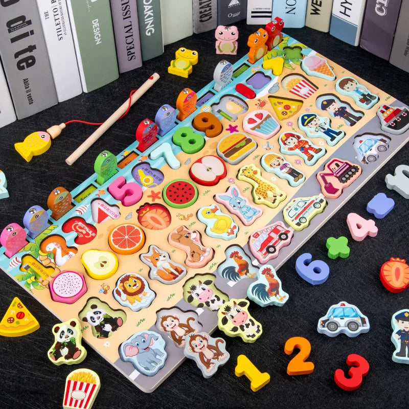 QWZ Kids Montessori Educational Wooden Math Toys Children Busy Board Count Shape Colors Match Fishing Puzzle Learning Toys Gifts 466