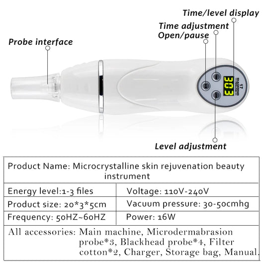 Handheld Diamond Microdermabrasion 3 Levels Machine Blackhead Acne Removal Facial Skin Care Peeling Cleaning Wrinkle Care Tool