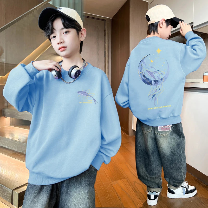 Autumn Boys Clothing 7 To 14 Years Sweatshirt Moon Whale Print Children's Tops Spring Round Neck Long Sleeves Pullovers for Kids SKY BLUE