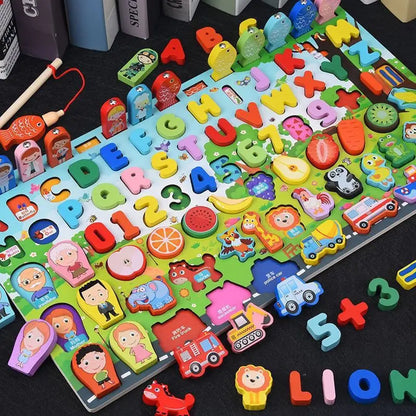 QWZ Kids Montessori Educational Wooden Math Toys Children Busy Board Count Shape Colors Match Fishing Puzzle Learning Toys Gifts 763 9in1 green