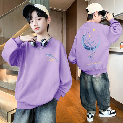 Autumn Boys Clothing 7 To 14 Years Sweatshirt Moon Whale Print Children's Tops Spring Round Neck Long Sleeves Pullovers for Kids PURPLE