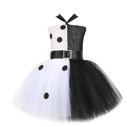 Halloween Costume Kids Black White Dalmatians Party Dress Clown Birthday Prom Dress Up Puffy Dress For Girls Clothes With Belt style 1 CHINA