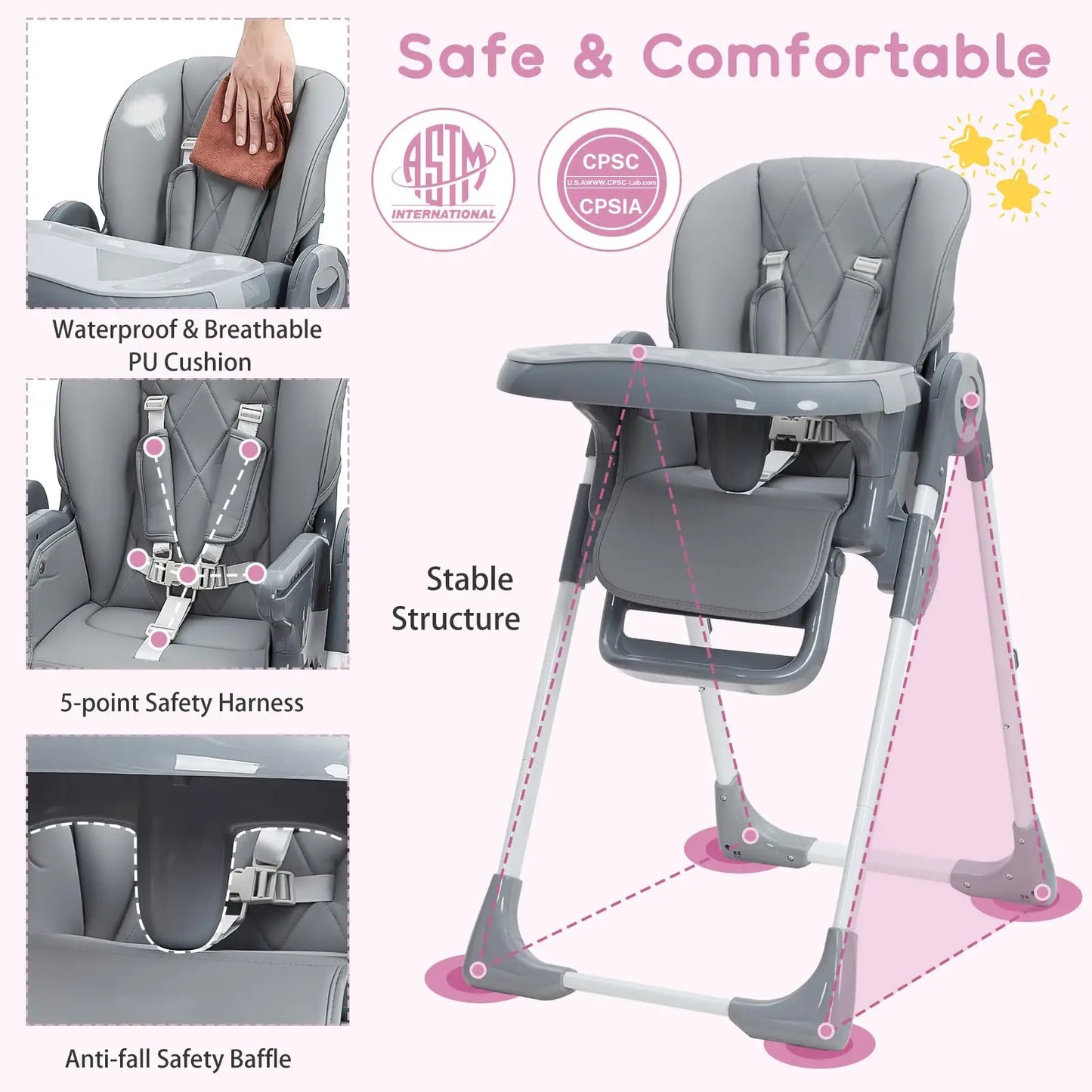 Baby High Chair, Multifunctional Infant Highchairs with Adjustable Height and Recline, Foldable High Chair for Babies & Toddlers