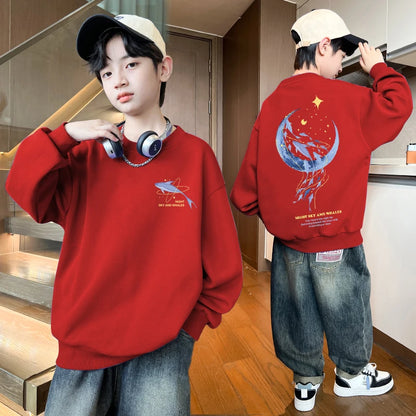 Autumn Boys Clothing 7 To 14 Years Sweatshirt Moon Whale Print Children's Tops Spring Round Neck Long Sleeves Pullovers for Kids Red