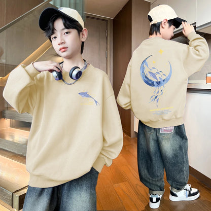 Autumn Boys Clothing 7 To 14 Years Sweatshirt Moon Whale Print Children's Tops Spring Round Neck Long Sleeves Pullovers for Kids Khaki