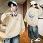 Autumn Boys Clothing 7 To 14 Years Sweatshirt Moon Whale Print Children's Tops Spring Round Neck Long Sleeves Pullovers for Kids Khaki