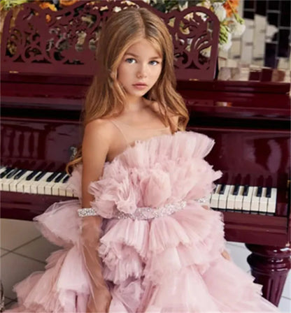 Flower Girl Dresses Ruffles Tiered Long Train Sheer Neck Wedding Elegant Flower Child's First Eucharistic Birthday Party Dress