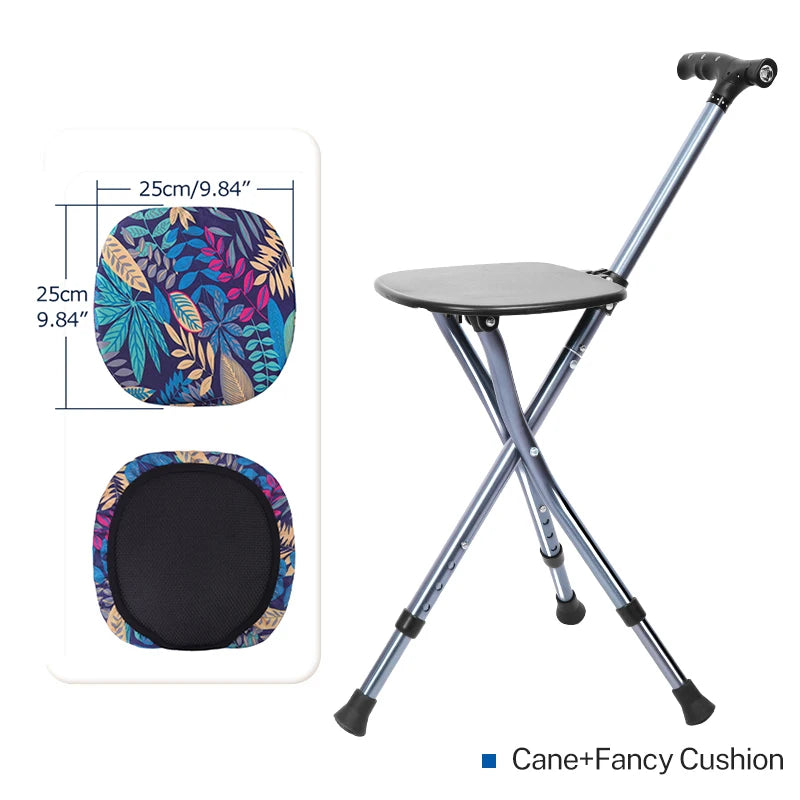 Lefeke Folding Canes with Seat Walking Stick Height Adjustment Cane Seat Foldable Anti-Slip Lightweight Walking Stick for Senior YYG-F-Fancy cushion