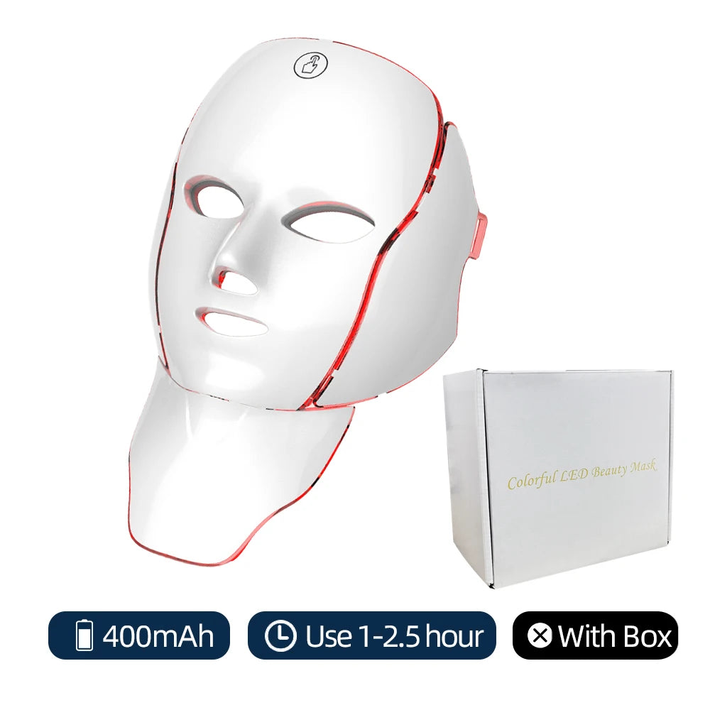 LED Facial Mask with Neck 7 Colors Light Therapy Red Light Facial Mask for Anti-Aging Rejuvenation Brighten Skin Beauty Device with box