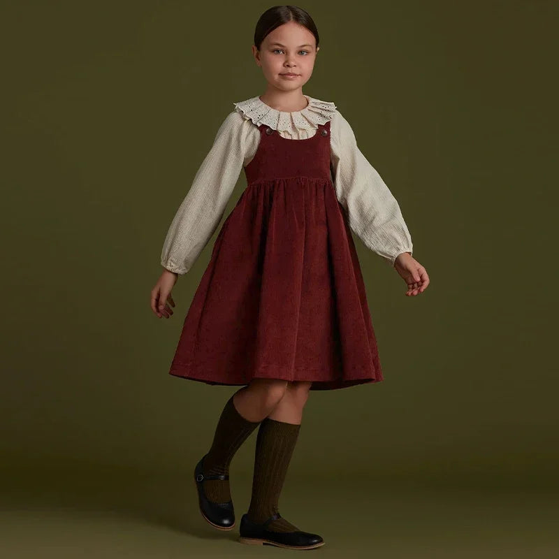 Autumn Winter Girls Retro Corduroy Dress New Baby Kids Sleeveless Adjustable Straps Buttons Loose Sweet Princess Dresses