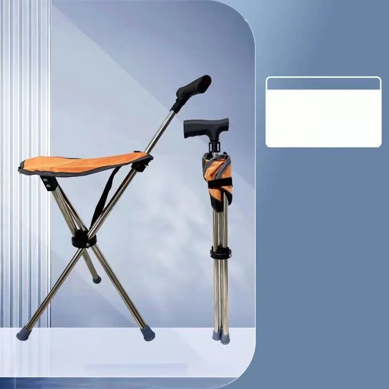 Multifunctional Triangular Stool, Climbing Stick, Foldable, Ultra-light, Stainless Steel, Retractable Cane, Trekking Supplies Orange