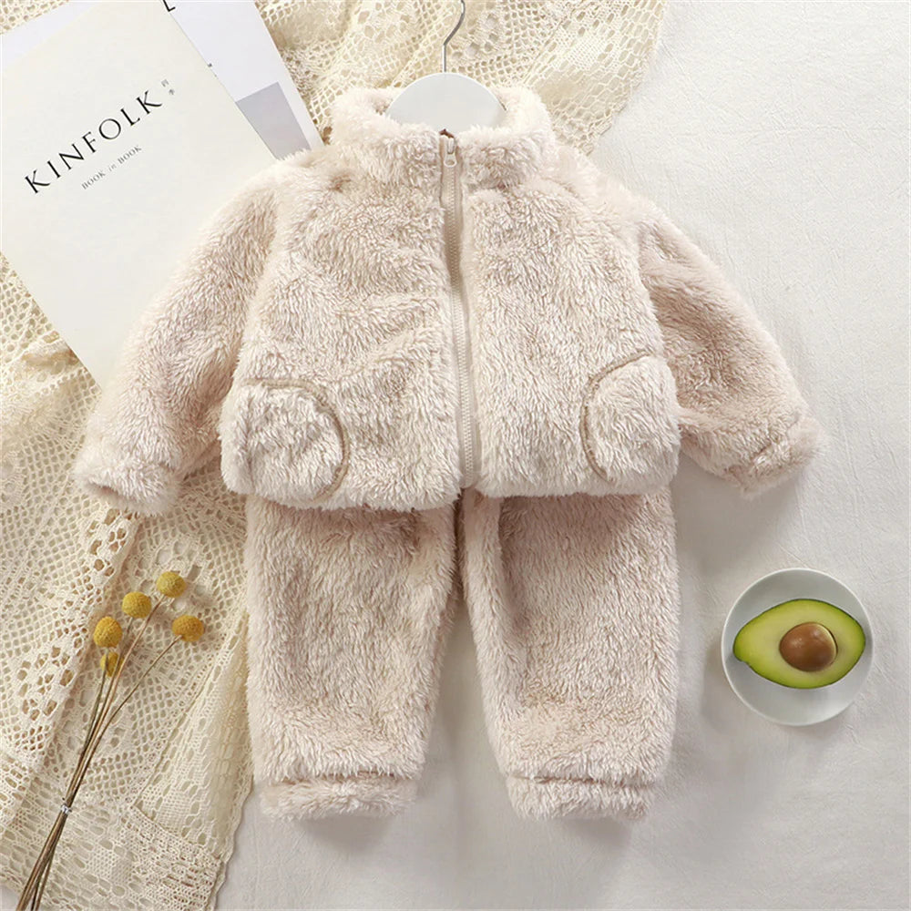 Children's Clothing Sets Autumn Winter Thick Warm Coats Tops + Pants 2Pcs Kids Winter Girl Clothing Sets 1-4 Years Baby Outfits Beige