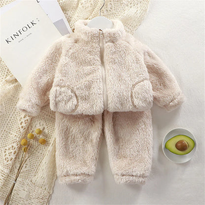 Children's Clothing Sets Autumn Winter Thick Warm Coats Tops + Pants 2Pcs Kids Winter Girl Clothing Sets 1-4 Years Baby Outfits Beige