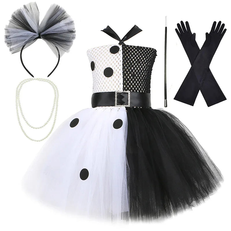 Halloween Costume Kids Black White Dalmatians Party Dress Clown Birthday Prom Dress Up Puffy Dress For Girls Clothes With Belt style 4 CHINA