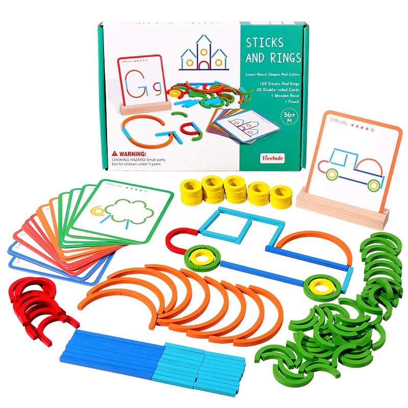 Wooden Creative Sticks and Rings Puzzle Intelligence Game Montessori Early Childhood Educational Toys for Children 3 Year Old WHITE