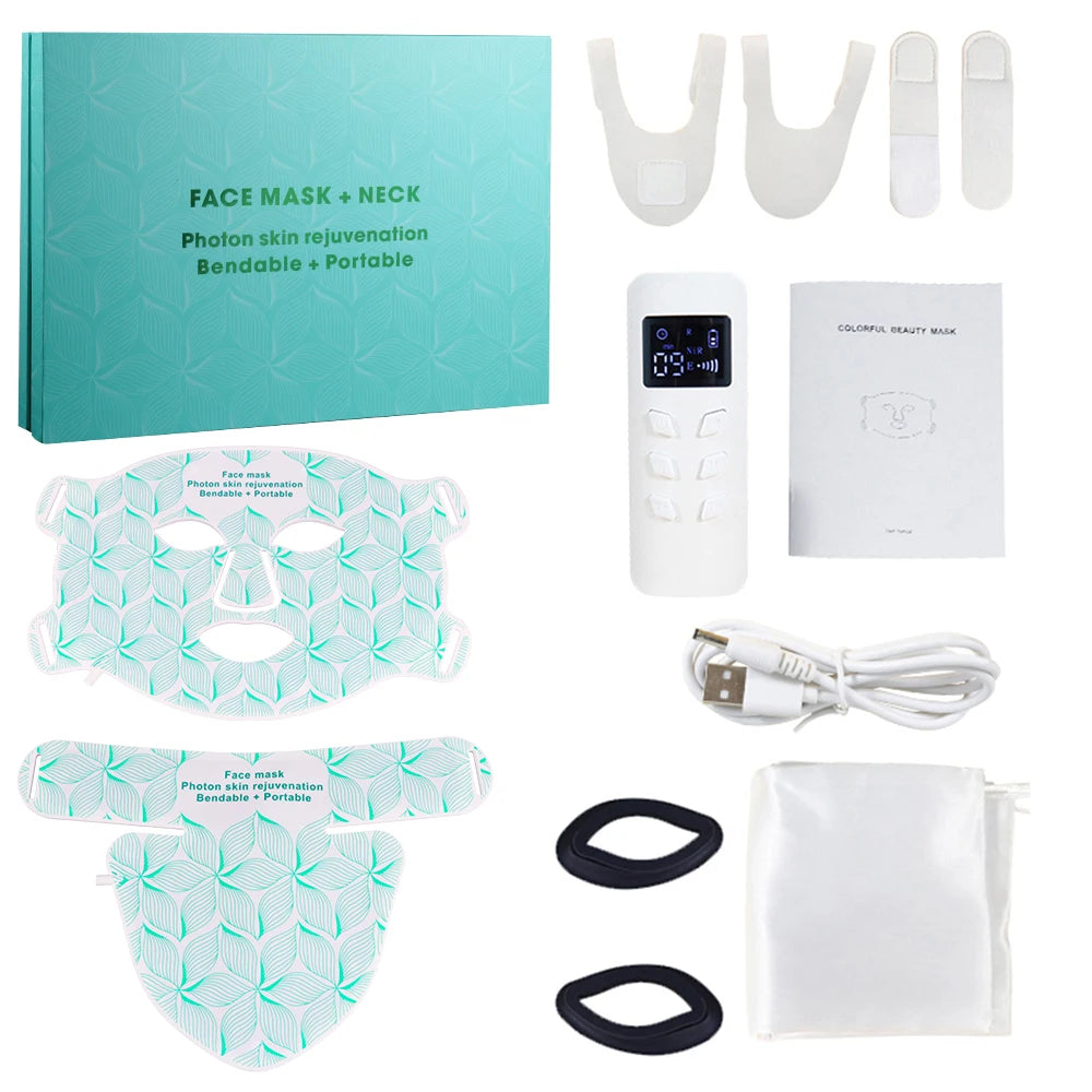Facial LED Mask with Neck 8 Colors Red Light Near Infrared Therapy Beauty Mask Anti Aging Skin Rejuvenation Lifting Whitening Green set with box