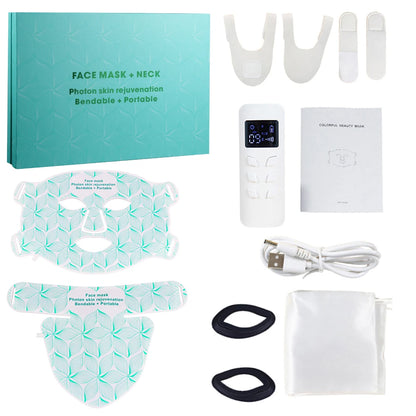 Facial LED Mask with Neck 8 Colors Red Light Near Infrared Therapy Beauty Mask Anti Aging Skin Rejuvenation Lifting Whitening Green set with box