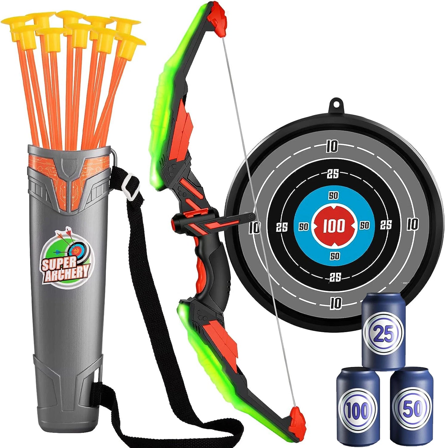 Kids Bow and Arrow Set, LED Light Up Archery Toys Set for Kids Ages 4-8 8-12, with 10 Suction Cup Arrows, Target & Quiver, Boys Green bow and arrow