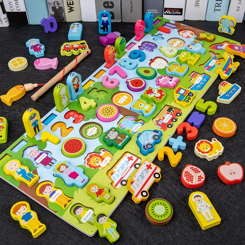 QWZ Kids Montessori Educational Wooden Math Toys Children Busy Board Count Shape Colors Match Fishing Puzzle Learning Toys Gifts 736