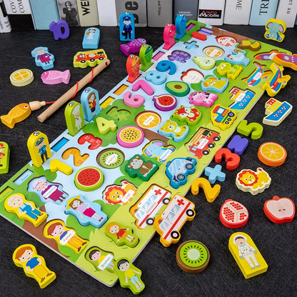 QWZ Kids Montessori Educational Wooden Math Toys Children Busy Board Count Shape Colors Match Fishing Puzzle Learning Toys Gifts 736