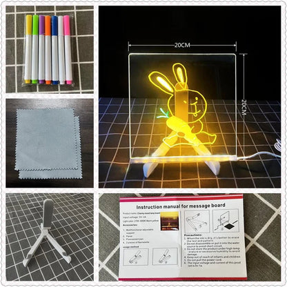 Acrylic Clear Light Up Drawing Board,Glow Erasable Memo LED Magic Board , Kids DIY Toys , with 7 Color Markers Pen and Stand Medium 20x20