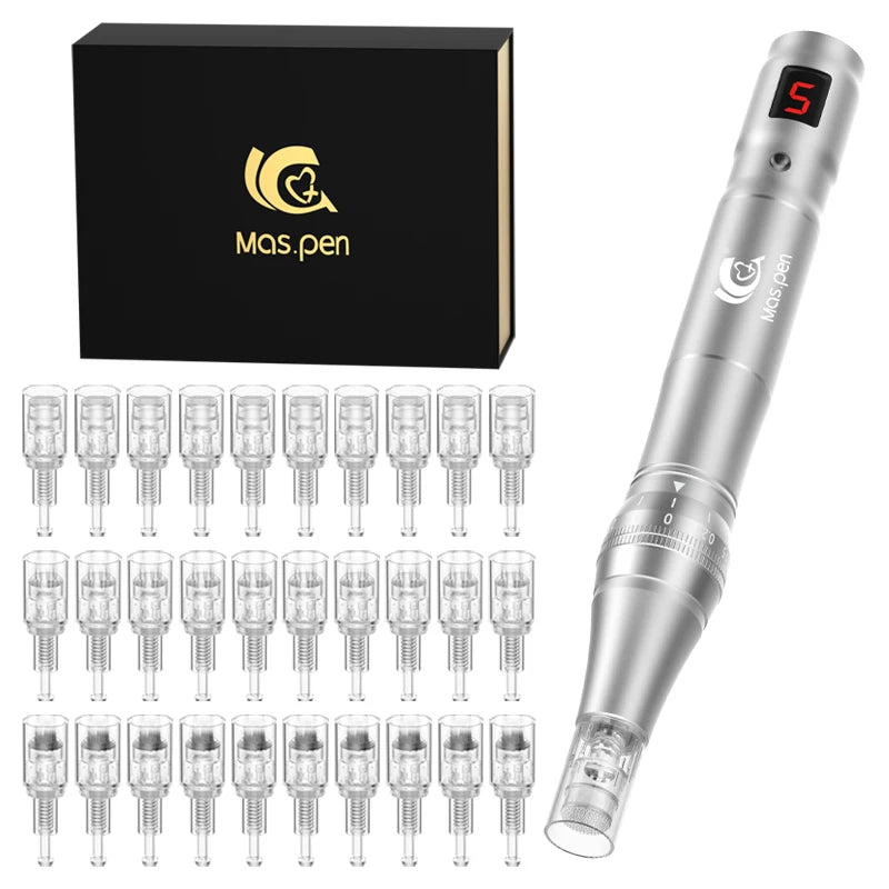 Professionell högfrekvent och ljudlös Dermapen trådlös elektrisk microneedling dermapenna med 30 utbytbara nålpatroner
