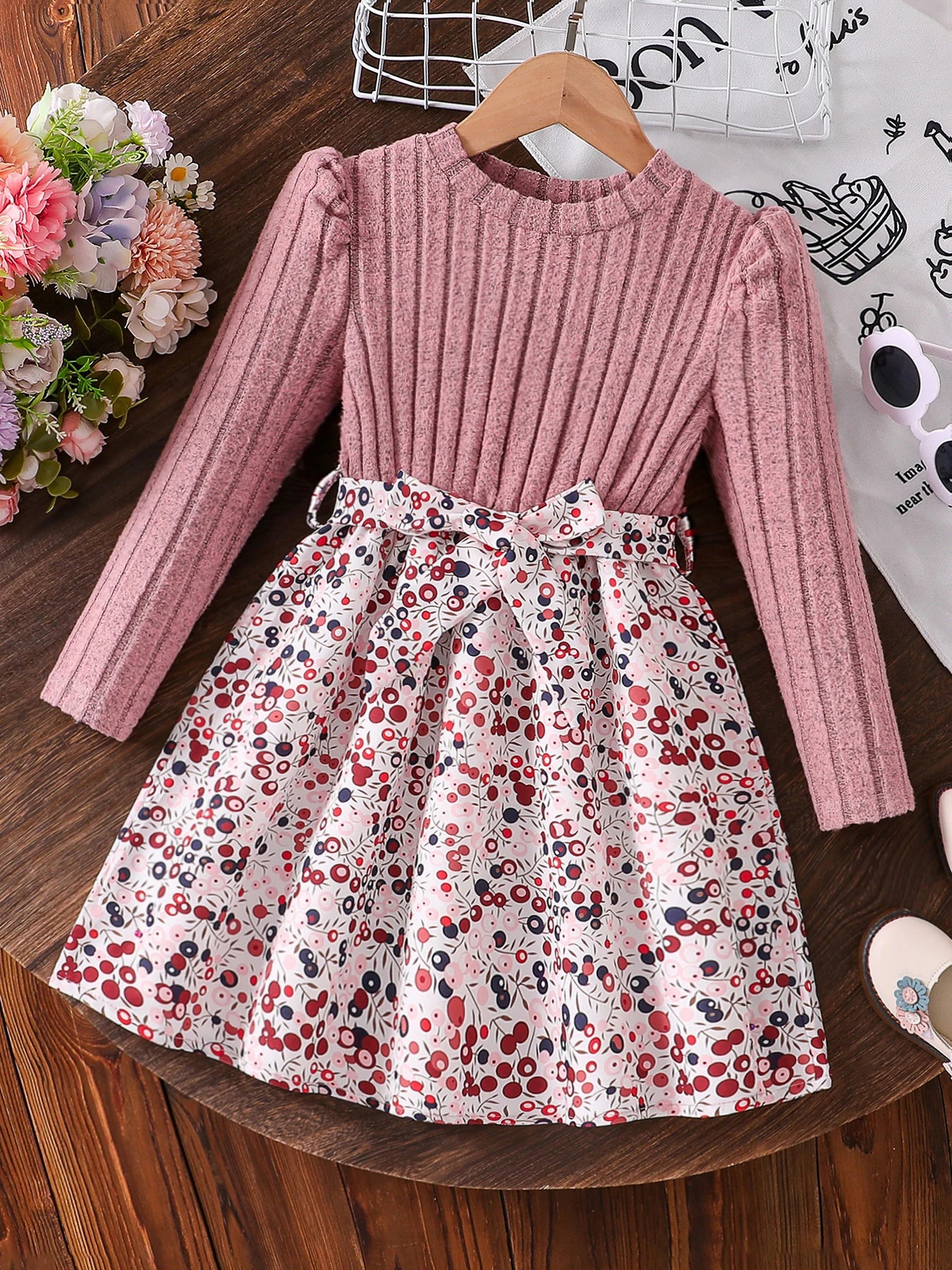 Spring Autumn Girl Casual Casual All-Match Knitted Round Neck Long Sleeve Floral Floral Dress Girls Daily Casual Skirt Kj1C4918A A