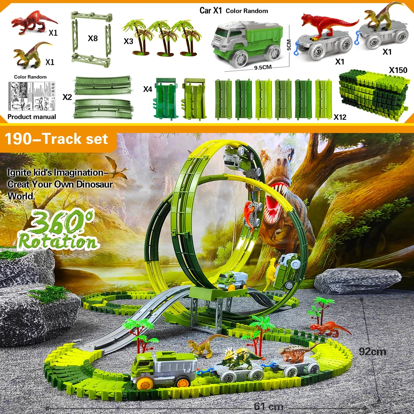 Children Electric Track Toy Car Dinosaur Car Kids Educational Toys Track Car Train Toys for Children Birthday Gift 190-Track Set