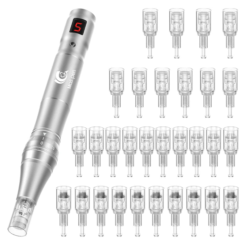 Professionell högfrekvent och ljudlös Dermapen trådlös elektrisk microneedling dermapenna med 30 utbytbara nålpatroner