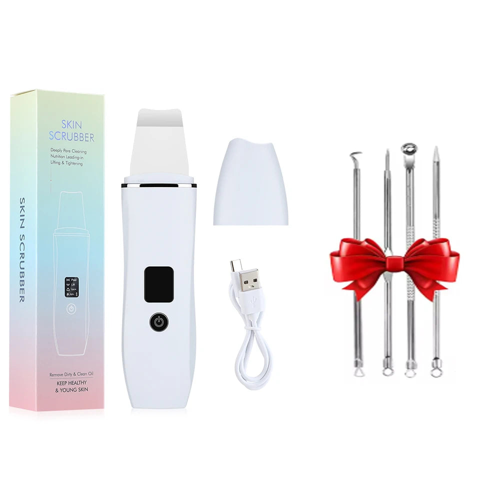 Ultrasonic Skin Scrubber Peeling Blackhead Remover Machine EMS Deep Face Cleaning Ultrasonic Ion Acne Pore Cleaner Facial Shovel white add gift