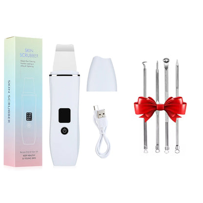 Ultrasonic Skin Scrubber Peeling Blackhead Remover Machine EMS Deep Face Cleaning Ultrasonic Ion Acne Pore Cleaner Facial Shovel white add gift