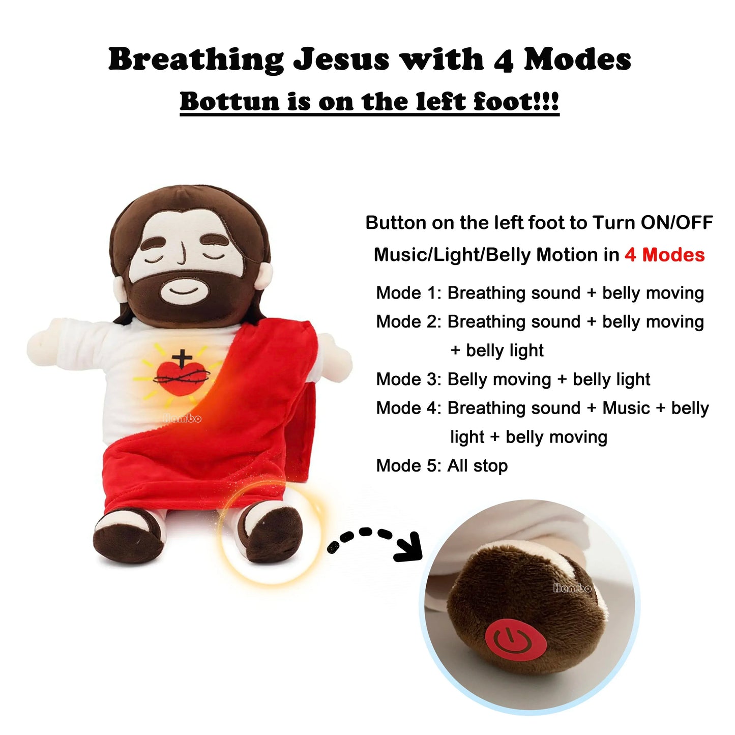 40CM Breathing Jesus Soothe Plush Toy for Kids Soft Soothing Jesus Plushies Comforting Jesus Heart Toy Easter Christmas Gifts Red Jesus