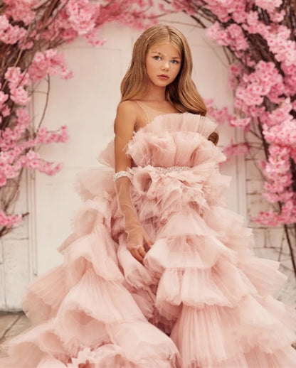 Flower Girl Dresses Ruffles Tiered Long Train Sheer Neck Wedding Elegant Flower Child's First Eucharistic Birthday Party Dress
