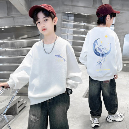 Autumn Boys Clothing 7 To 14 Years Sweatshirt Moon Whale Print Children's Tops Spring Round Neck Long Sleeves Pullovers for Kids WHITE