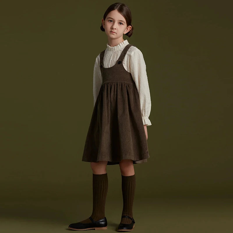 Autumn Winter Girls Retro Corduroy Dress New Baby Kids Sleeveless Adjustable Straps Buttons Loose Sweet Princess Dresses 25 Army Green