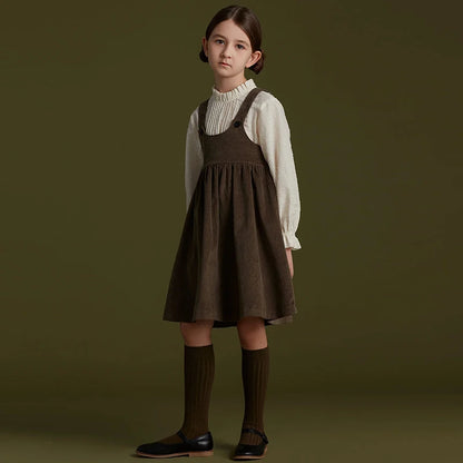 Autumn Winter Girls Retro Corduroy Dress New Baby Kids Sleeveless Adjustable Straps Buttons Loose Sweet Princess Dresses 25 Army Green