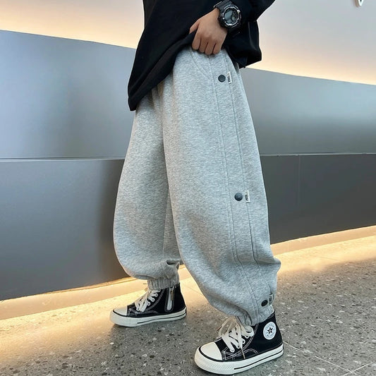 Fashion New Kids Solid Color Sweatpants Boys Casual Joggers Trousers 110-170 Autumn Kids High Quality Cotton Loose Soft Pants Grey