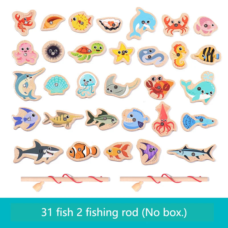 Montessori Wooden Magnetic Fishing Toys Marine Life Cognition Fish Games Early Educational Toy for Kids Parent-child Interactive 31 Random Fish