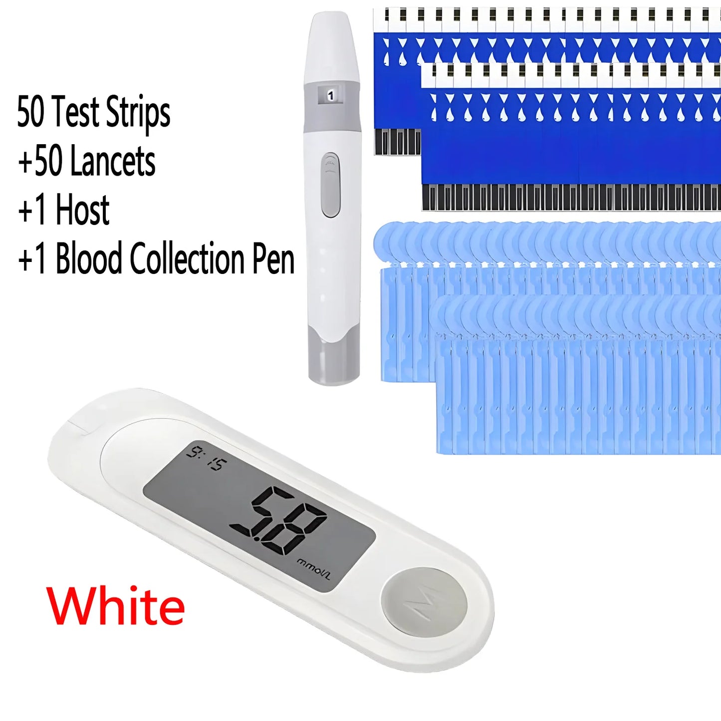 Blood Glucose Meter Diabetes Testing Kit Diabetes Lancet Machine Glucometer with 50pcs Test Strips+50 Lancets Blood Sugar Meter White