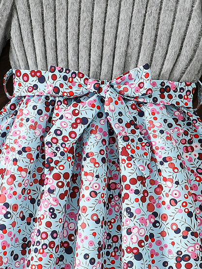 Spring Autumn Girl Casual Casual All-Match Knitted Round Neck Long Sleeve Floral Floral Dress Girls Daily Casual Skirt
